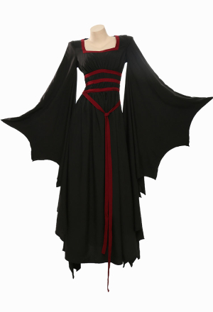 Dark Vampire Gothic Vintage Slim Dress Black Bat Hem Sleeves Dress with Blood Red Waistband