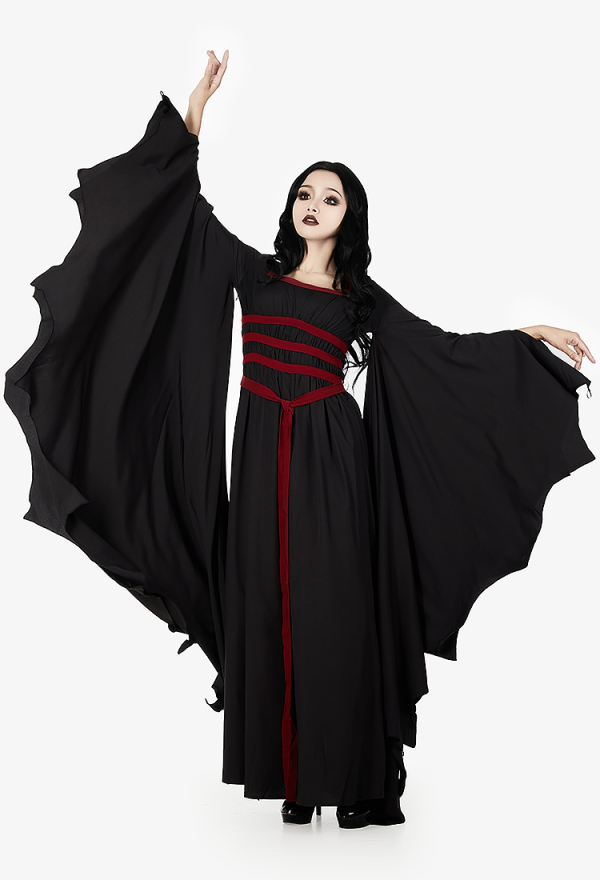 Dark Vampire Gothic Vintage Slim Dress Black Bat Hem Sleeves Dress with Blood Red Waistband