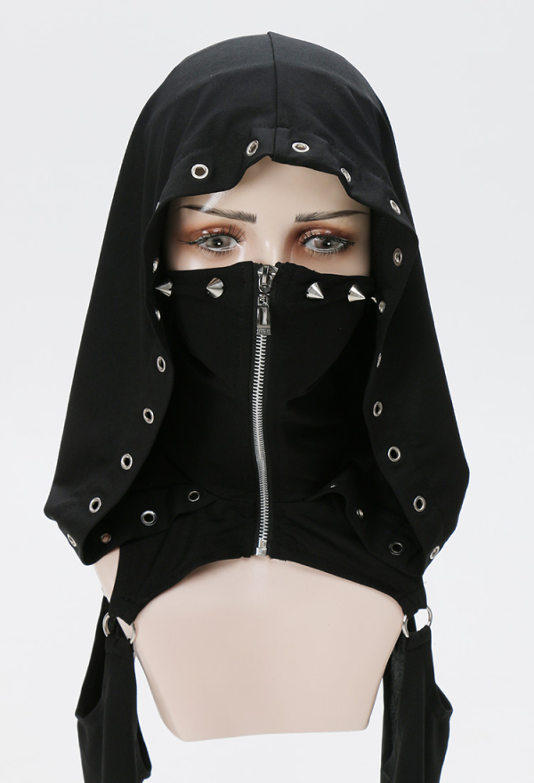 DARK BREATHE Gothic Ninja Style Long Dress Black Hooded Split Dress with Mask