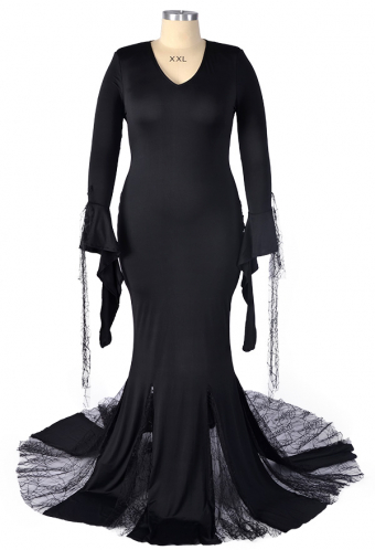Morticia Gothic Halloween Costume Dress Black Spandex Trumpet Sleeve Back Zip Dress Plus Size