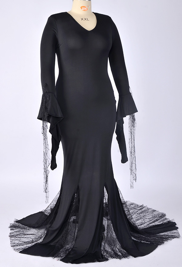 Morticia Gothic Halloween Costume Dress Black Spandex Trumpet Sleeve Back Zip Dress Plus Size