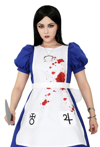 Plus Size Women Gothic Bloody Maid Dress Dark Style Gauze Puff Sleeves Lace Decorated Halloween Costume with Necklace