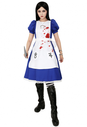 Women Gothic Bloody Maid Dress Dark Style Gauze Puff Sleeves Lace Decorated Halloween Costume with Necklace
