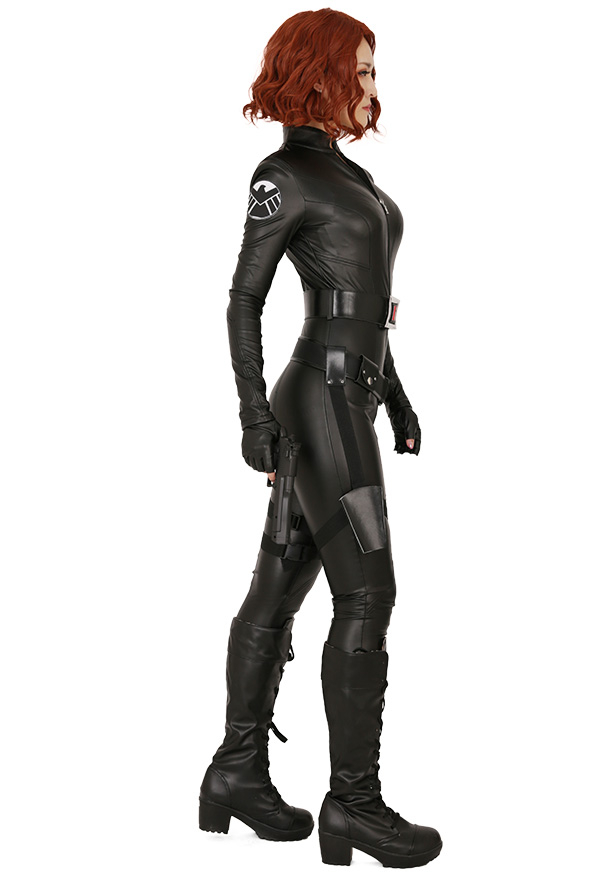 Women Special Agent Cool Uniform Bodysuit Gothic Black PU Leather Front Zipper Jumpsuit Halloween Costume with Belt