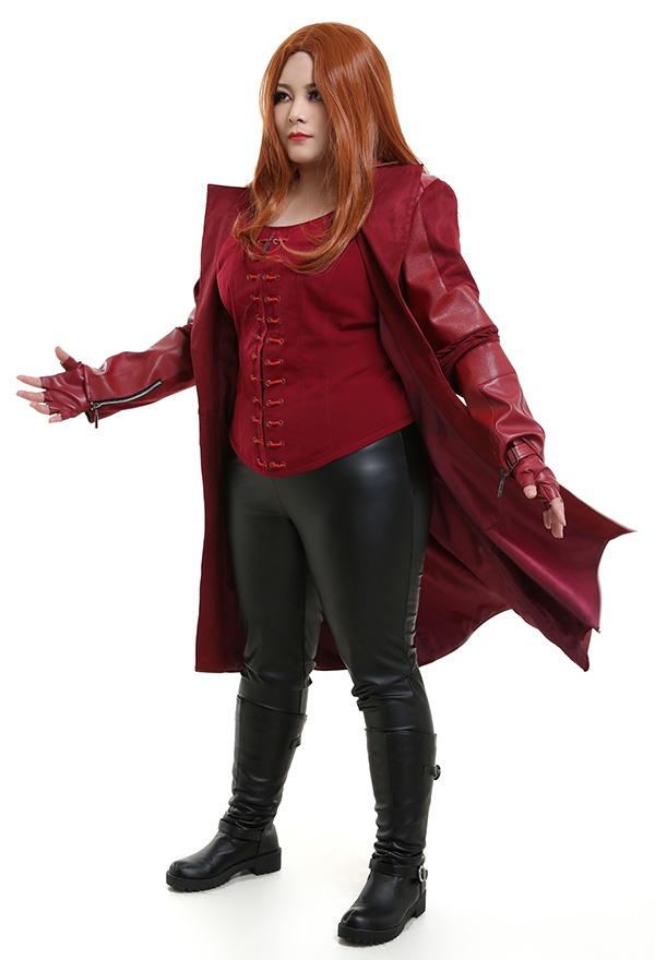 Plus Size Women Gothic Vampire Witch Costume Dark Red PU Leather Over-the-knee Coat for Halloween Party Make to Order