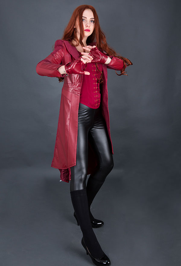 Women Gothic Vampire Witch Costume Dark Red PU Leather Over-the-knee Coat for Halloween Party Make to Order