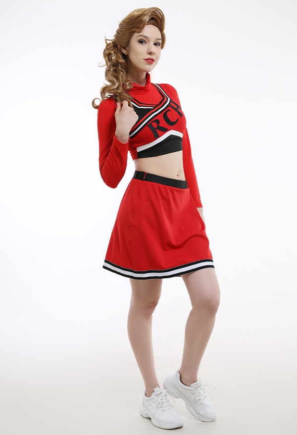 Women RCH Pattern Party Uniform Red Long Sleeved High Collar Top and Skirt Cheerleader Halloween Performance Costume