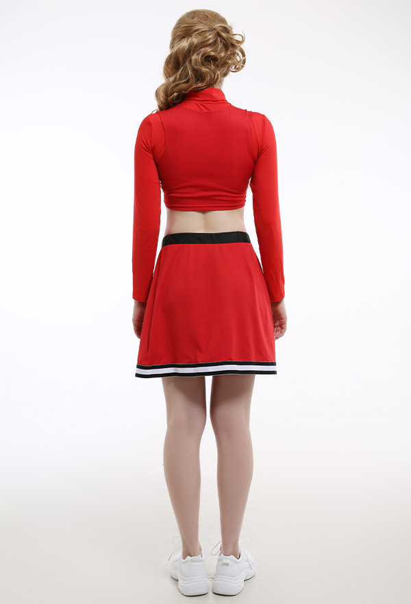 Women RCH Pattern Party Uniform Red Long Sleeved High Collar Top and Skirt Cheerleader Halloween Performance Costume