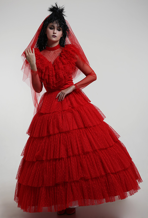 Lydia's Heartbeat Gothic Red Wedding Dress Back Adjustable Multiple Layer Dress With Headdress
