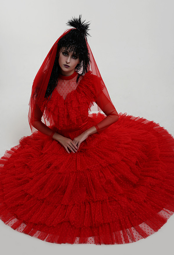 Lydia's Heartbeat Gothic Red Wedding Dress Back Adjustable Multiple Layer Dress With Headdress