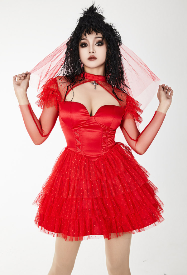 Lydia's Heartbeat Gothic Red Dress With Lace Veil Dark Style Graceful Dress