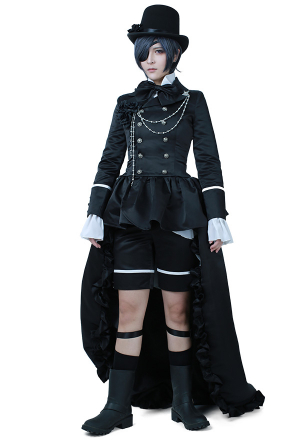 Women Medieval Victorian Pirate Dress Black Gothic Chiffon Button and Chain Decorated High-Low Dress Halloween Costume with Eye Patch