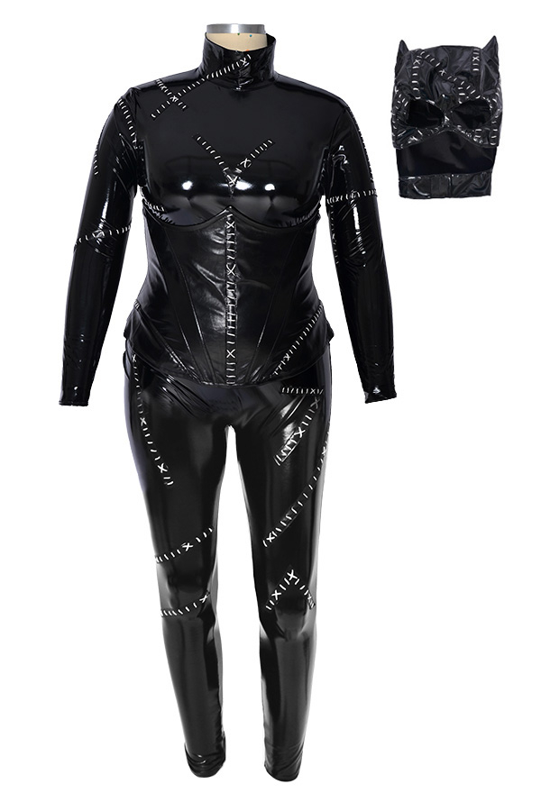 Plus Size Women's Cool Cat Bodysuit Dark Style Gothic Black PU leather Jumpsuit Halloween Costume with Headwear and Cosrset Make to Order
