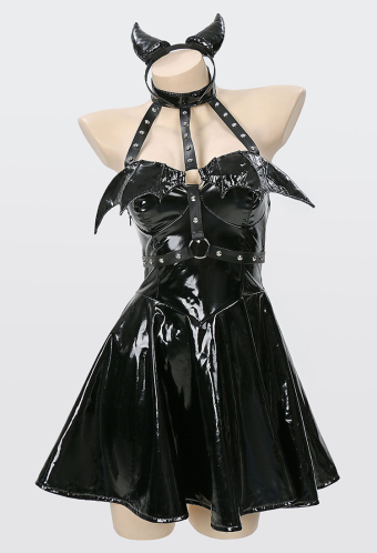 AFTER DUSK Gothic Bat Style Dress Black Bat Wing Design Halter Dress
