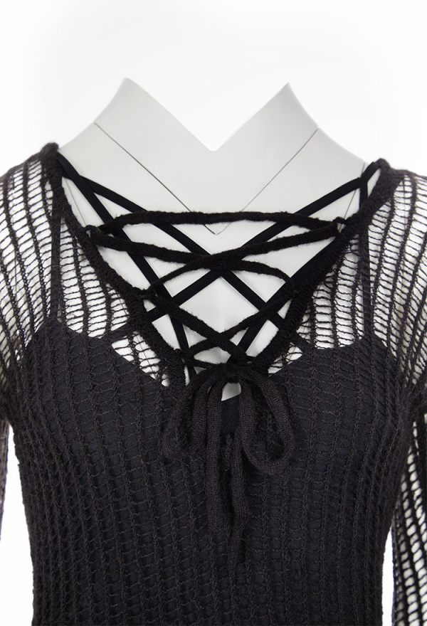 AFTER DUSK Gothic Dark Mesh Knit Dress Black Lace-up Batwing Sleeves Dress