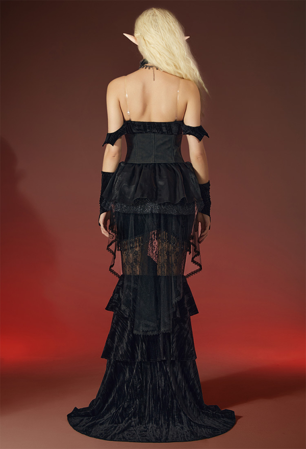 Sexy Vampire Black Gothic Vampire Lace Dress with Corset Belt Necklace Gloves