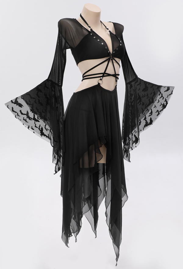 Gothic Style Black Swimsuit Wasteland Wind Top and Skirt Set with Triangle Bottoms Bathing Suit