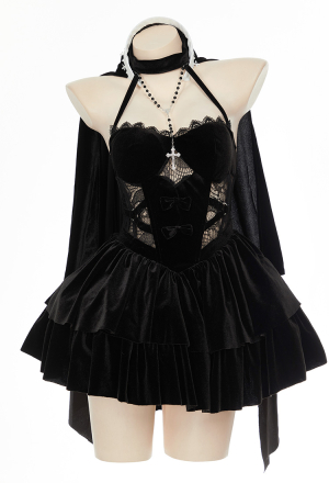 Gothic Dress Black Lace Halter Hollow Dress and Head Scarf with Necklace