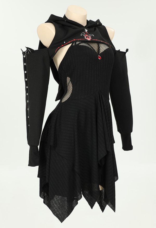 DARK BREATH Gothic Witch Dress Set Black Witch Hat Hoodie And Off Shoulder Mini Dress