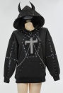 Gothic Style Black Sweatshirt Chain Rivets Cross Decor Demon Horns Hoodie