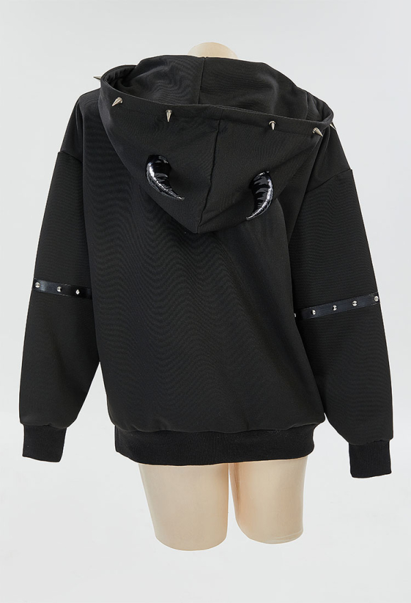 Gothic Style Black Sweatshirt Chain Rivets Cross Decor Demon Horns Hoodie