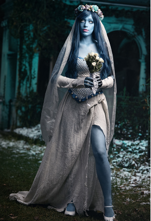 Gothic Halloween Graveyard Ghost Dress Cotton Bride Skeleton Dress with Headdress
