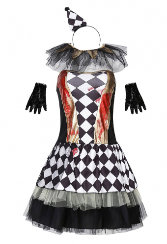 Carnival Women Devil Clown Cosplay Costume Checkered Pattern Layered Mesh Creepy Dress for Parties