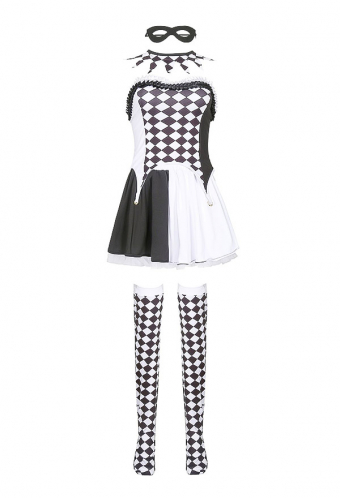 Carnival Devil Girl Clown Cosplay Costume Black and White Plaid Pattern Creepy Dress for Parties