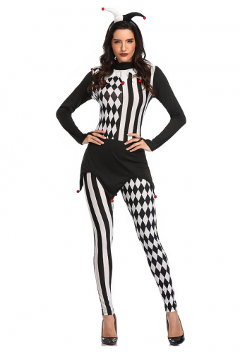Carnival Women Devil Clown Cosplay Costume Stripe and Plaid Pattern Long Sleeves Top and Leggings for Parties
