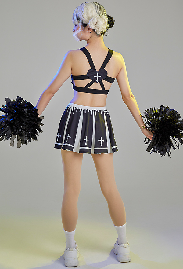 Zombie Cheerleader Gothic Heart Shape Print Crop Top and Skirt Cheerleader Costume for Halloween
