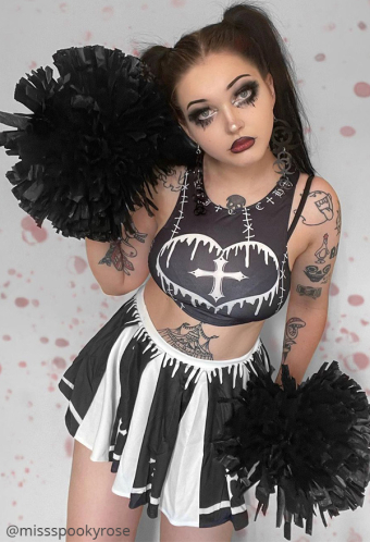 Zombie Cheerleader Gothic Heart Shape Print Crop Top and Skirt Cheerleader Costume for Halloween