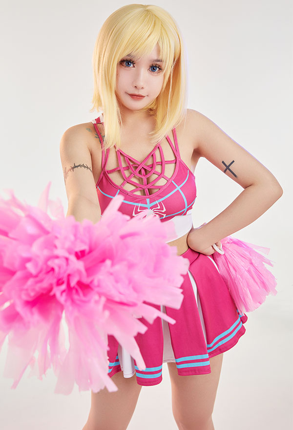 Women Halloween Pink Spiderweb Print Crop Top High Waist Skirt Cheerleader Costume