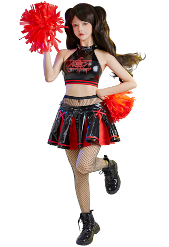 Zombie Cheerleader Hellfire Women Gothic PU Leather Vampire Blood Pentagram Print Cheerleader Costume for Halloween
