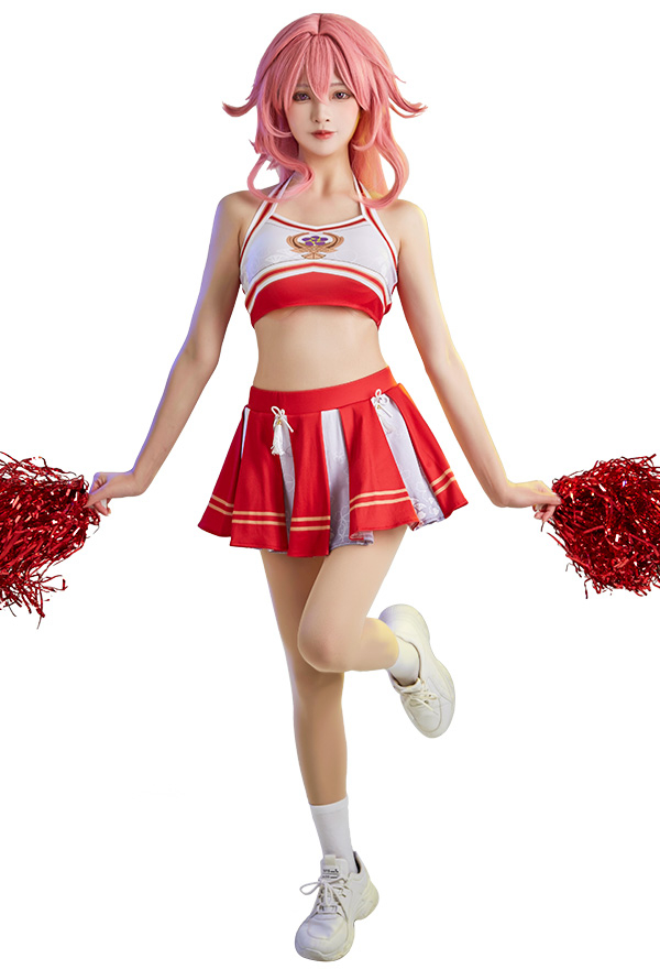 Zombie Cheerleader Women Halloween Red White Halter Crop Top High Waist Skirt Cheerleader Costume