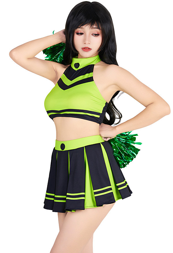Shego Women Gothic Black Green Halter Crop Top High Waist Skirt Cheerleader Costume