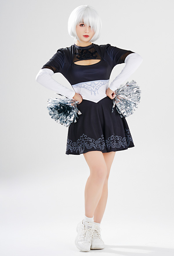 Type B Women Gothic Halloween Black White Cutout Long Sleeves One Piece Cheerleader Costume