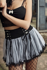 Egirl Lace Decorated Lace Up Strap Pleated Mini Skirt Mall Goth Black And White Overlay Bottom