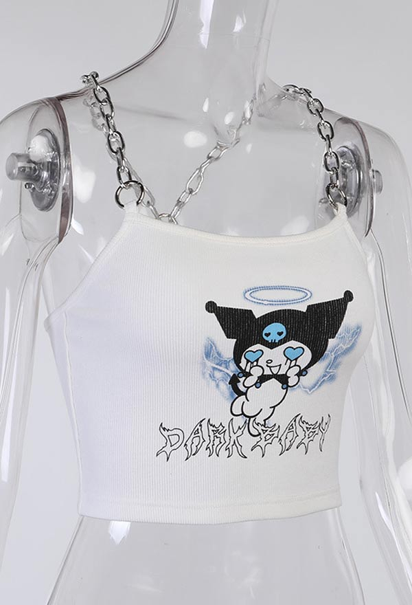 Egirl Fashion Cute Cartoon Print Crop Top Mall Goth White Metal Chain Strap Camisole
