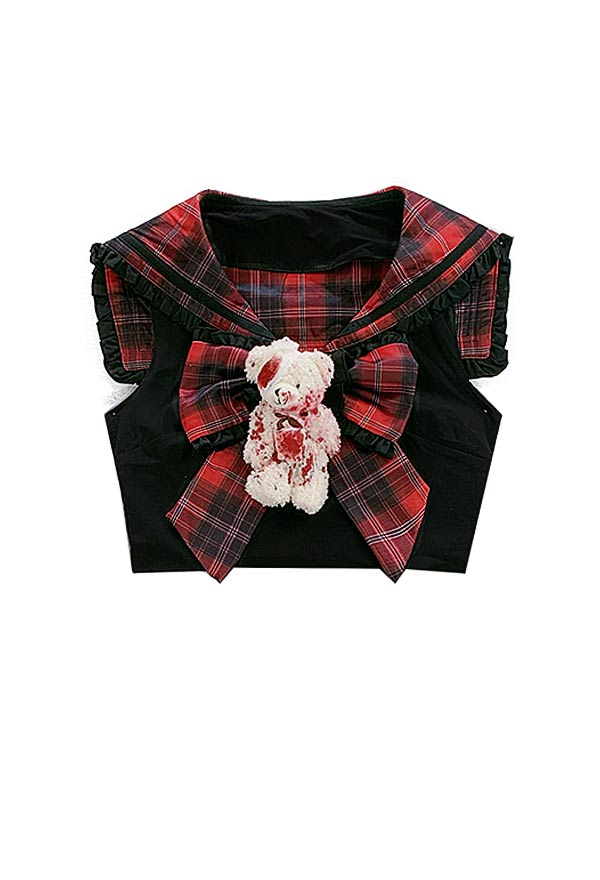 Y2K Style Bloody Teddy Bear Sailor Collar Top Mall Goth Black And Red Sleeveless Top