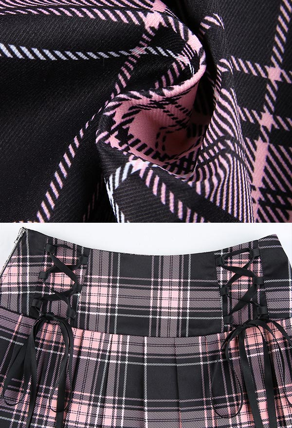 Y2K Style Lace Up Ribbon Plaid Pastel Mini Skirt Mall Goth Pleated Short Skirt