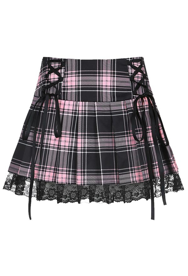 Y2K Style Lace Up Ribbon Plaid Pastel Mini Skirt Mall Goth Pleated Short Skirt
