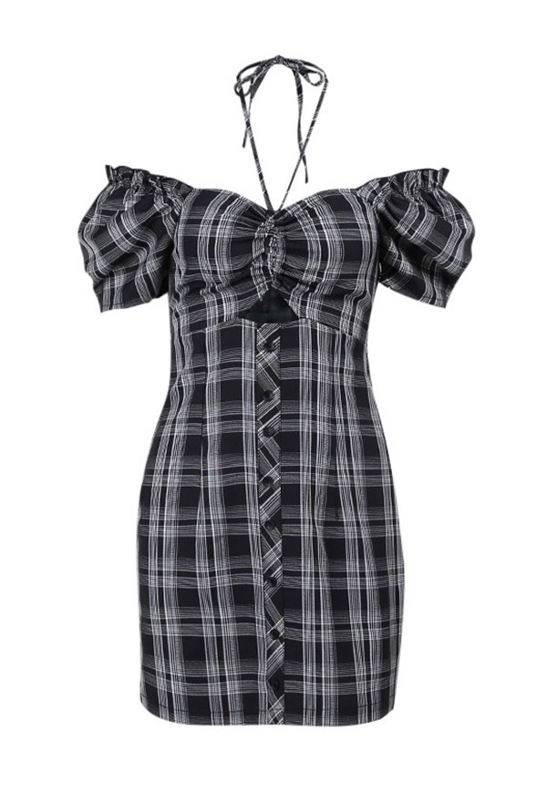 E-girl Fashion Off-Shoulder Plaid Dress – Gothic Dress | Black and Gray ...
