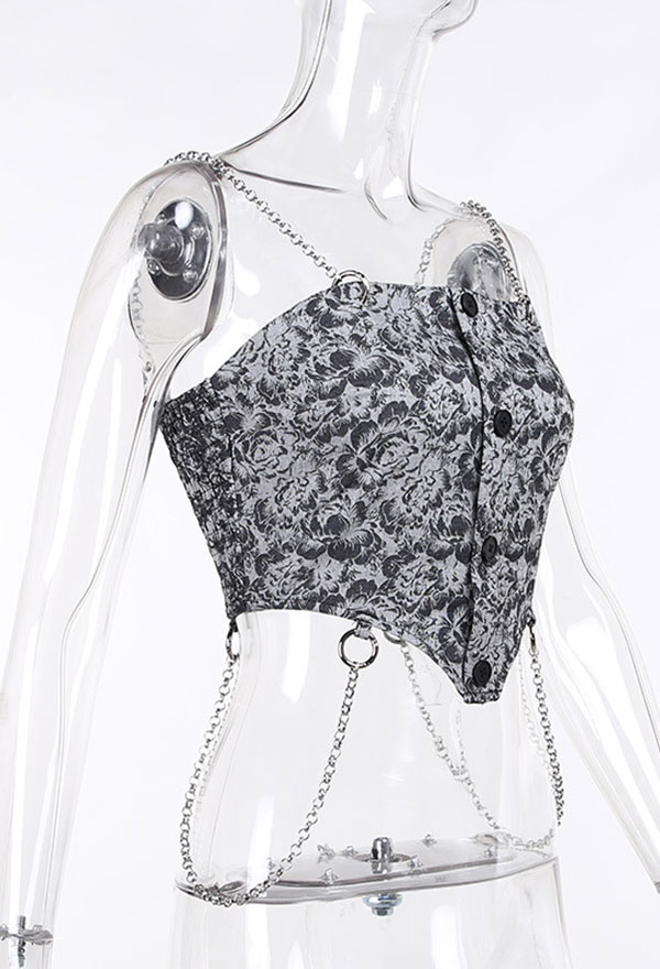 Y2K Style Gothic Vintage Wrapped Chest Cami Top Gray Polyester Floral Pattern Chain Sling Top