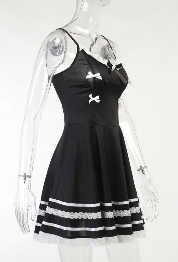 Gothic Mall Goth V Neck Suspender Dress Black Polyester Kawaii Bow Decorated Stripe Lace Hem Patchwork Dress