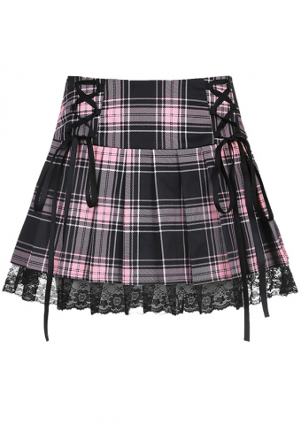 Gothic Soft Grunge Pastel Plaid Skirt Y2K Style Polyester Lace-up Waist Lace Trim Mini Pleated Skirt