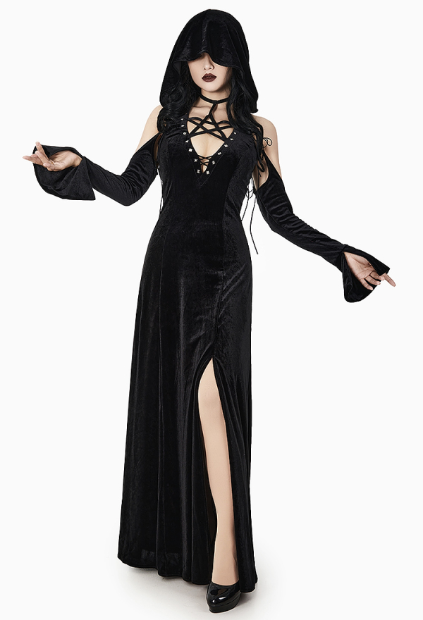 Wicked Witch Gothic Black Split Off-Shoulder Hooded Dress Dark Style Long Elegant Halloween Dress
