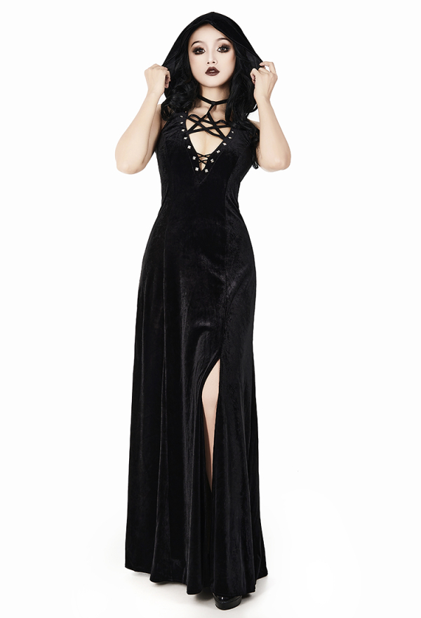 Wicked Witch Gothic Black Split Off-Shoulder Hooded Dress Dark Style Long Elegant Halloween Dress