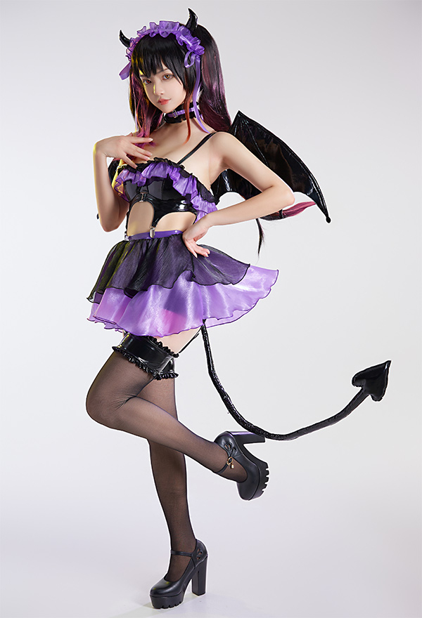 Devil Girl Women Gothic Purple Ruffles Devil Wing and Horn Decorated Lingerie Set