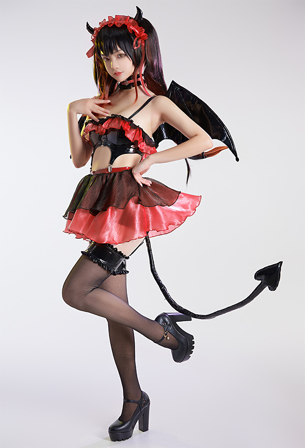 Devil Girl Women Gothic Black Red Ruffles Devil Wing and Horn Decorated Lingerie Set