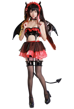 Devil Girl Women Gothic Black Red Ruffles Devil Wing and Horn Decorated Lingerie Set